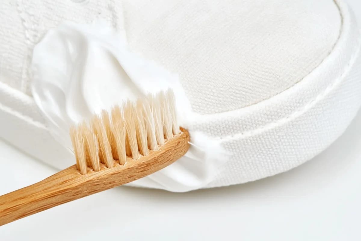 Eine weiche Zahnbürste trägt eine weiße Reinigungspaste in kreisenden Bewegungen auf das Textilgewebe eines Schuhs auf.