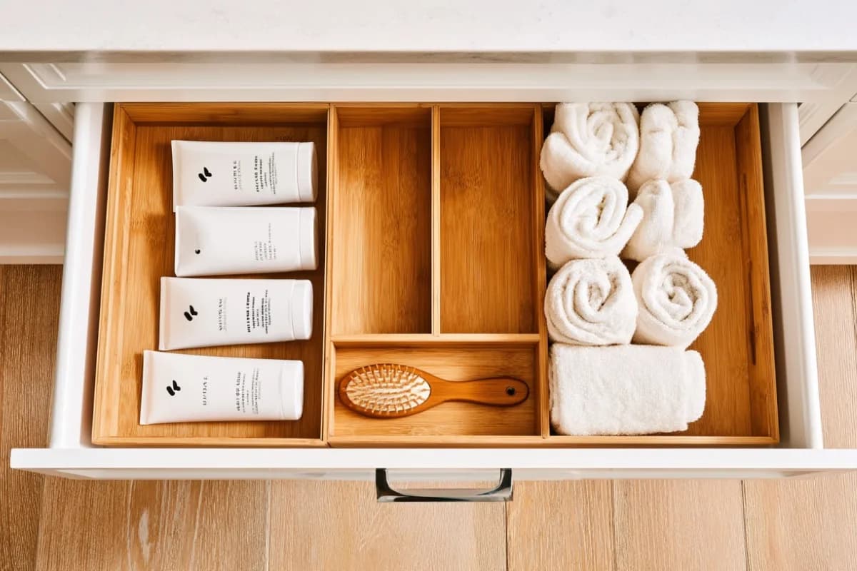 Top-Down Ansicht einer Badschublade mit Bambus-Trennstegen und sortierter Kosmetik.