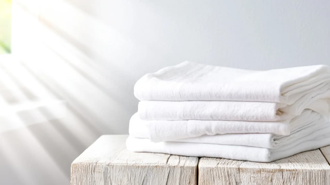 Zusammengelegte, strahlend weiße Wäsche liegt sauber auf einem Holztisch in hellem Sonnenlicht.