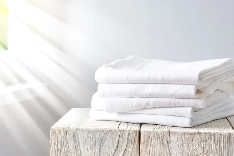 Zusammengelegte, strahlend weiße Wäsche liegt sauber auf einem Holztisch in hellem Sonnenlicht.