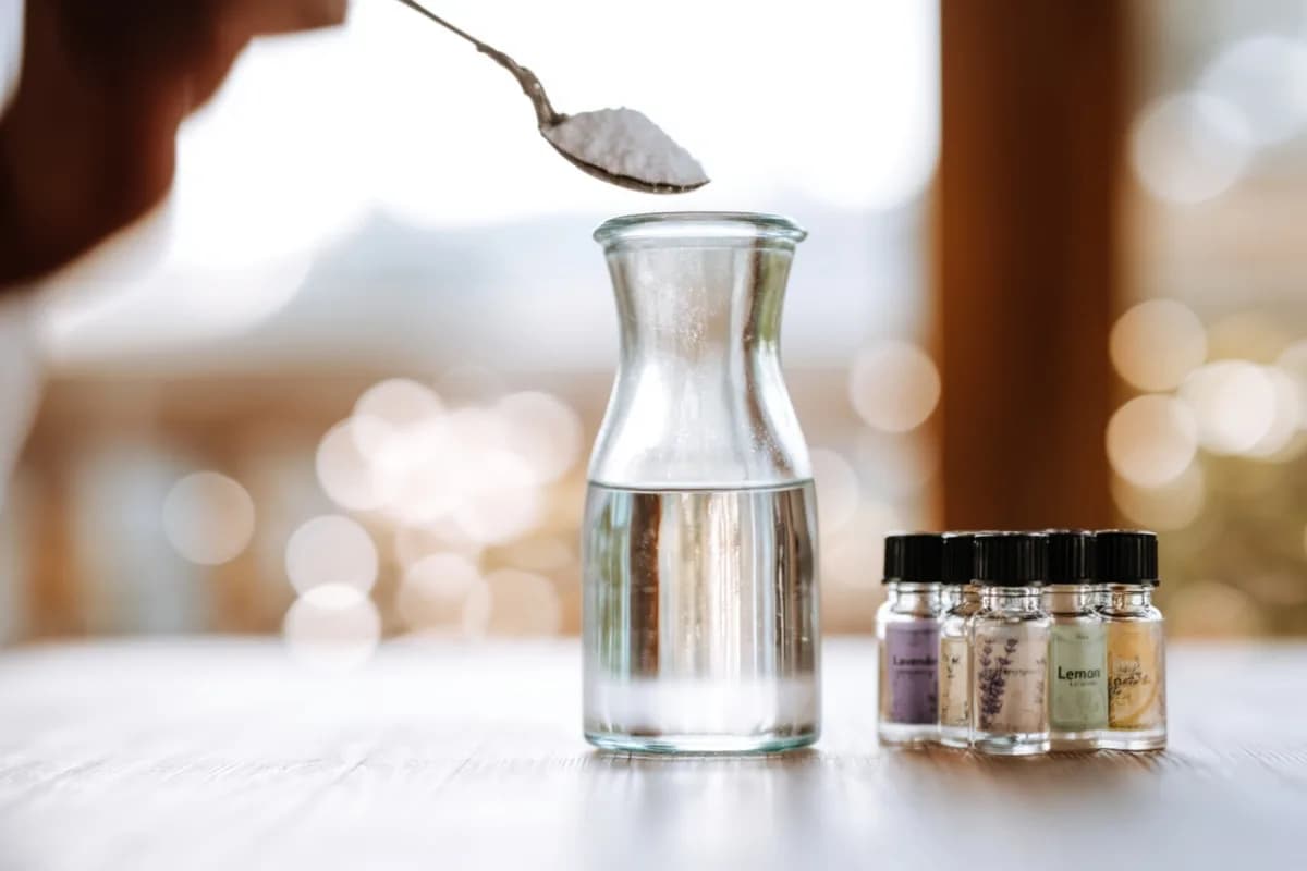 Zubereitung von DIY Weichspüler mit Zitronensäure und Ölen.