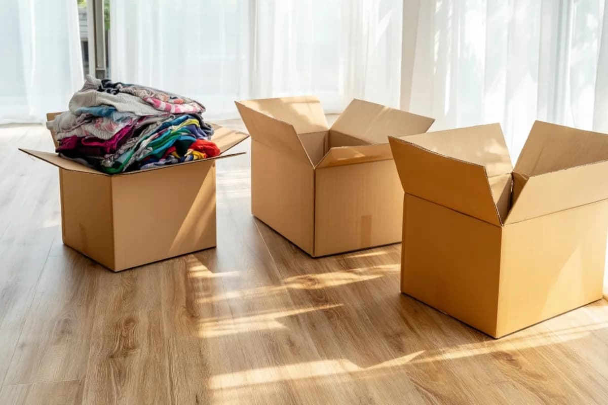 Drei saubere Kisten auf einem Holzboden zur Sortierung von Gegenständen.