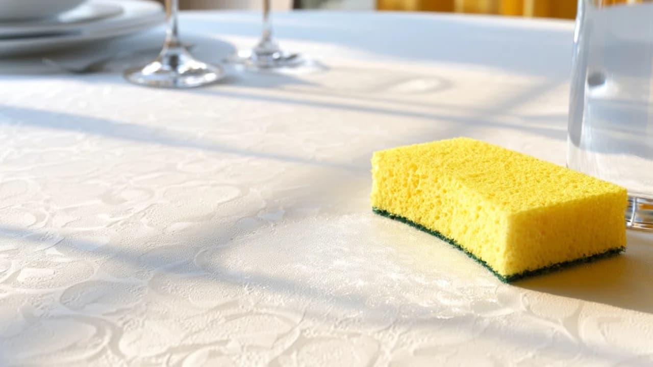Eine helle PVC-Tischdecke auf einem Esstisch, daneben liegen ein gelber Reinigungsschwamm und eine Sprühflasche