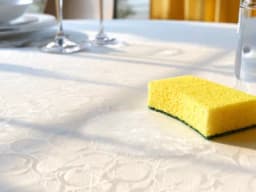 Eine helle PVC-Tischdecke auf einem Esstisch, daneben liegen ein gelber Reinigungsschwamm und eine Sprühflasche