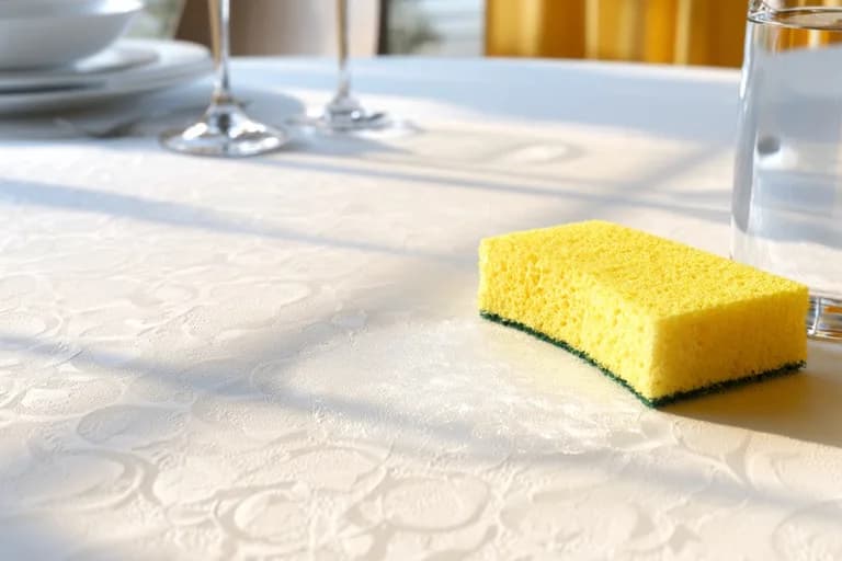 Eine helle PVC-Tischdecke auf einem Esstisch, daneben liegen ein gelber Reinigungsschwamm und eine Sprühflasche
