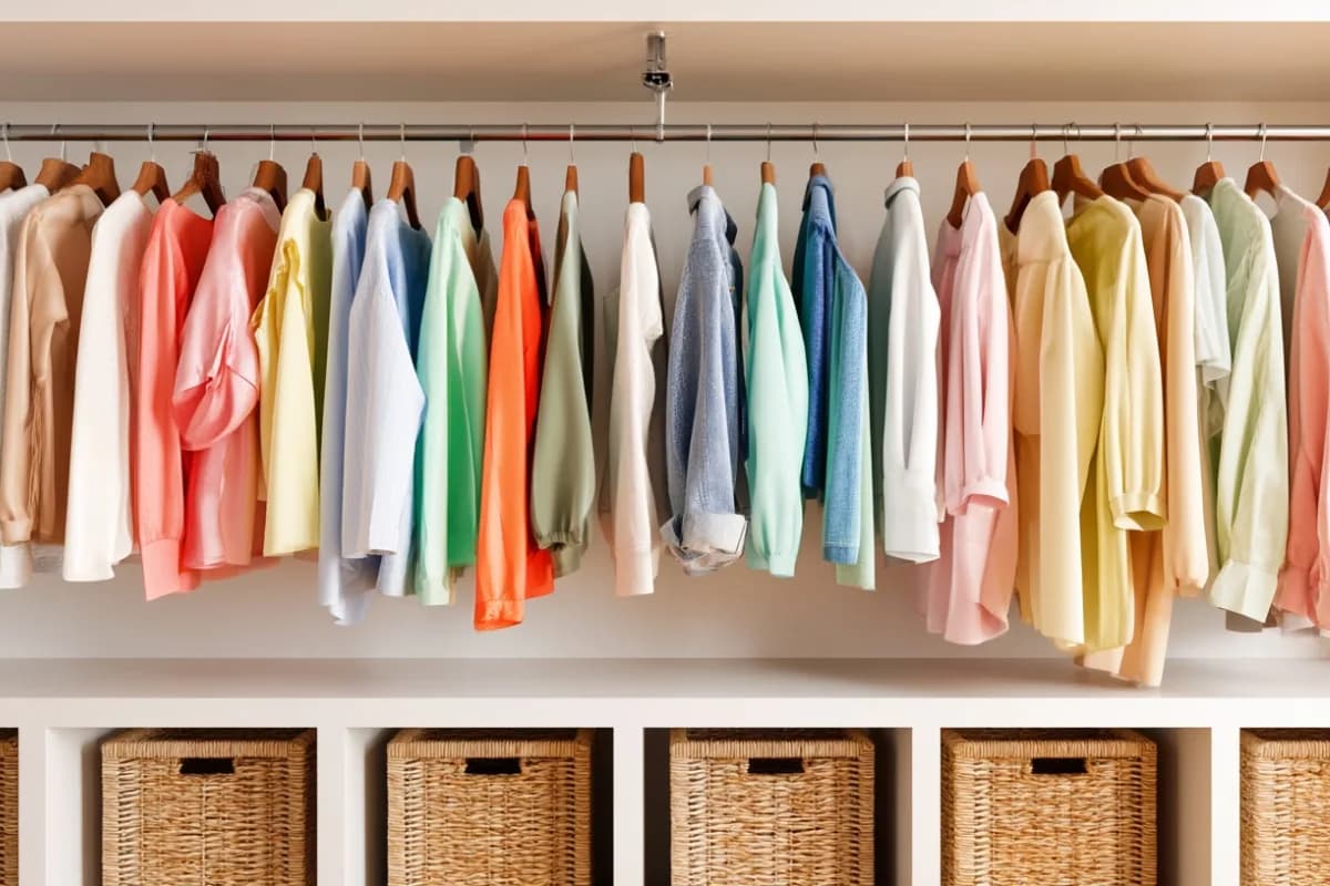 Ein aufgeräumter Kleiderschrank mit farblich sortierter Kleidung auf Holzbügeln.