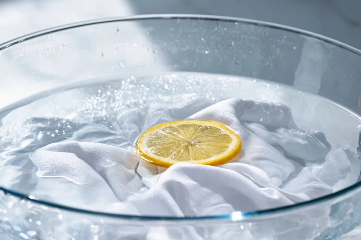 Ein weißes T-Shirt aus Baumwolle weicht in einer Glasschale mit Wasser und Zitrone ein
