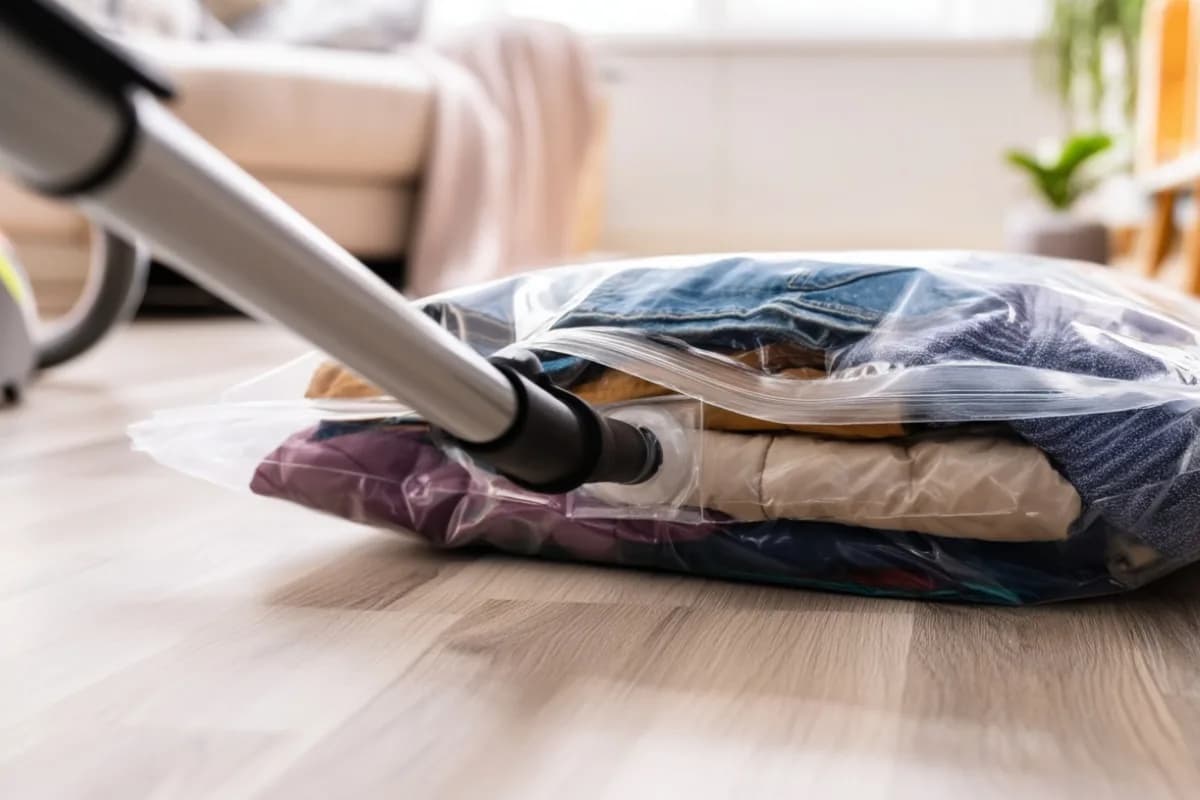 Das Rohr eines Staubsaugers saugt die Luft aus einem Vakuumbeutel mit Winterjacken.