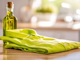 Sauberes Kleidungsstück liegt neben einer Flasche Olivenöl auf einem Tisch.