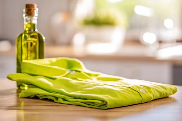 Sauberes Kleidungsstück liegt neben einer Flasche Olivenöl auf einem Tisch.