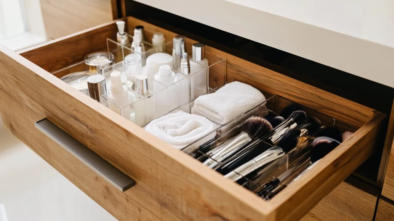 Eine perfekt organisierte Badezimmerschublade mit transparenten Acrylboxen für Kosmetik.