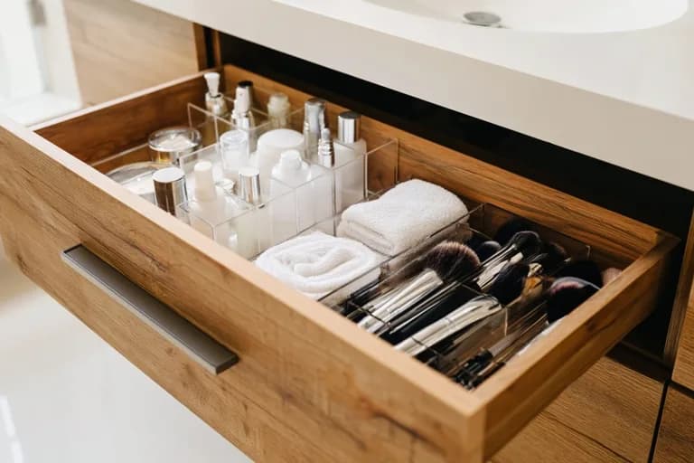 Eine perfekt organisierte Badezimmerschublade mit transparenten Acrylboxen für Kosmetik.