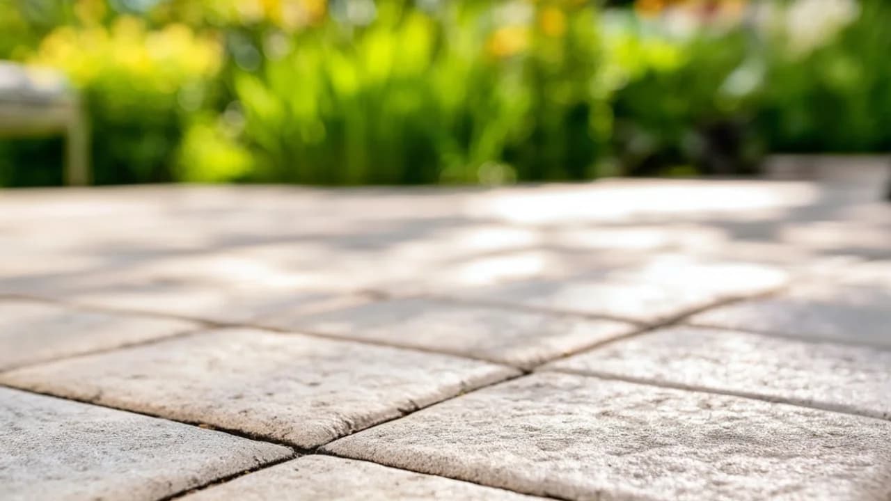 Strahlend saubere und frisch gereinigte Pflastersteine auf einer sonnigen Terrasse im Sommer.