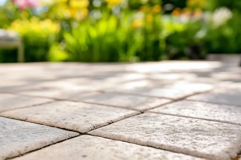 Strahlend saubere und frisch gereinigte Pflastersteine auf einer sonnigen Terrasse im Sommer.