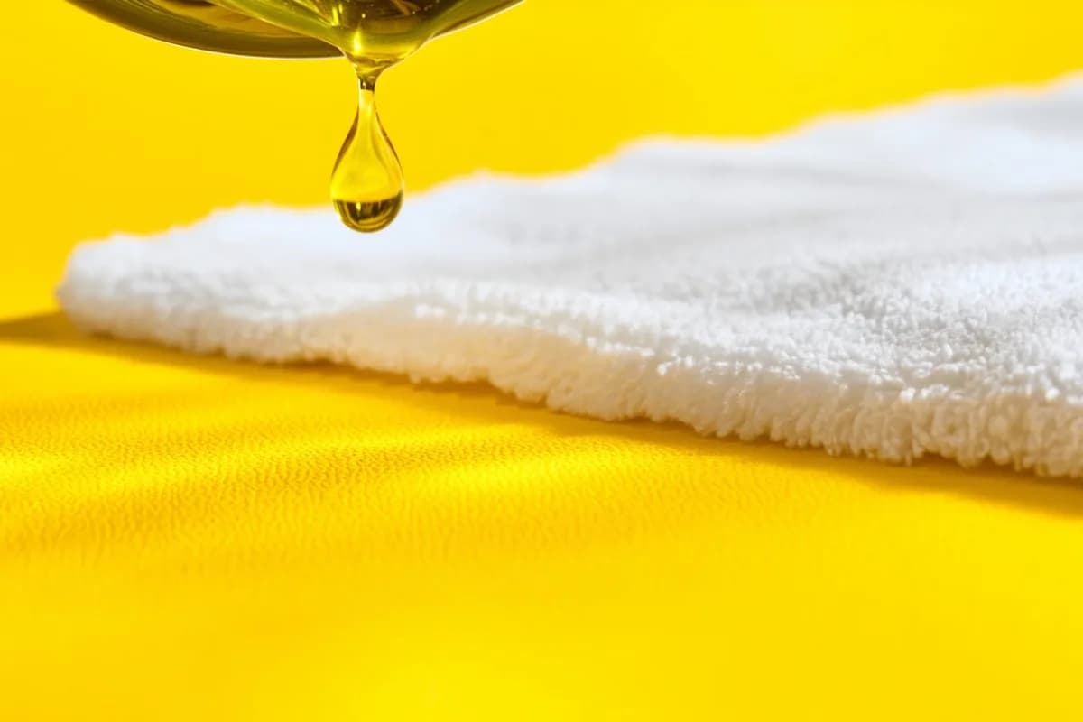 Ein Tropfen goldenes Speiseöl fällt auf ein weißes Mikrofasertuch über einer gelben Tischdecke