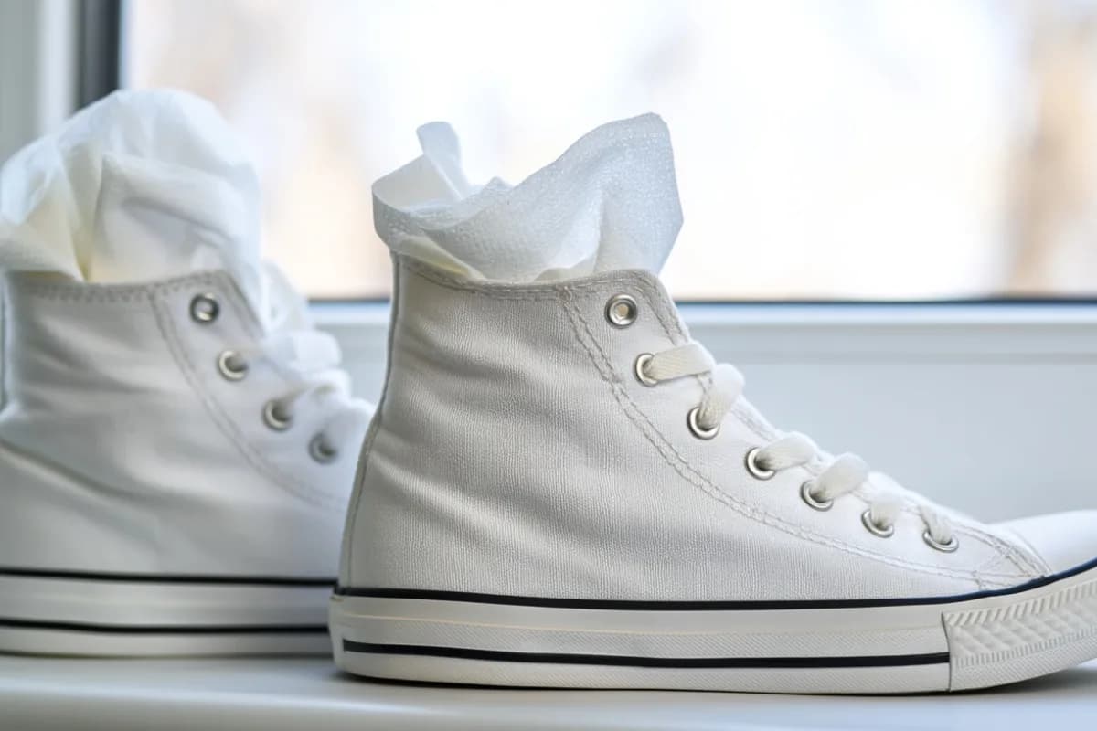 Zwei weiße Turnschuhe, die mit weißem Papier ausgestopft sind, trocknen im Schatten neben einem offenen Fenster.