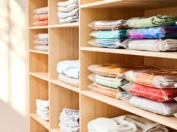 Ein ordentlich aufgeräumter Kleiderschrank mit gestapelten Vakuumbeuteln voller Kleidung.