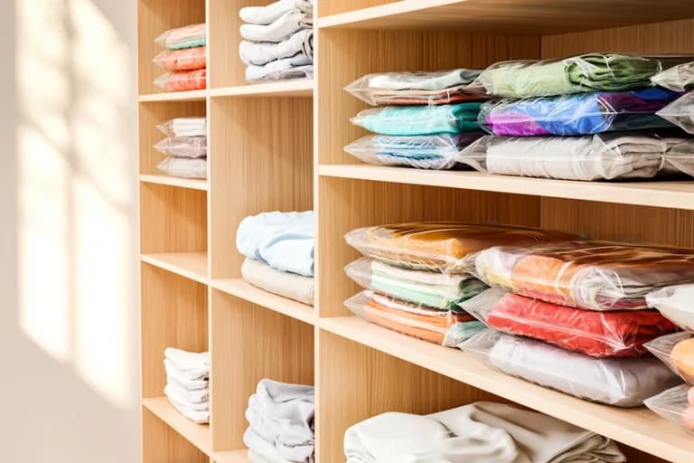 Ein ordentlich aufgeräumter Kleiderschrank mit gestapelten Vakuumbeuteln voller Kleidung.