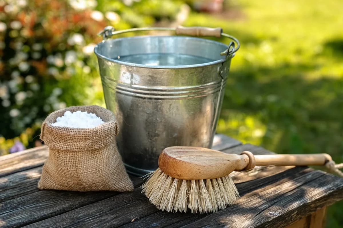 Ökologisches Waschsoda als Pulver neben einer Holzbürste zur natürlichen Terrassenreinigung.