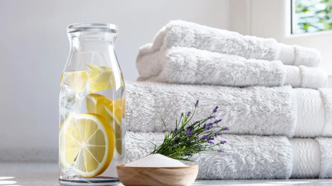 Selbstgemachter Weichspüler in Glasflasche mit Zitronen und Handtüchern.