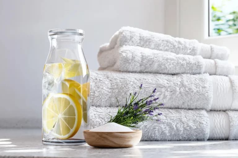 Selbstgemachter Weichspüler in Glasflasche mit Zitronen und Handtüchern.