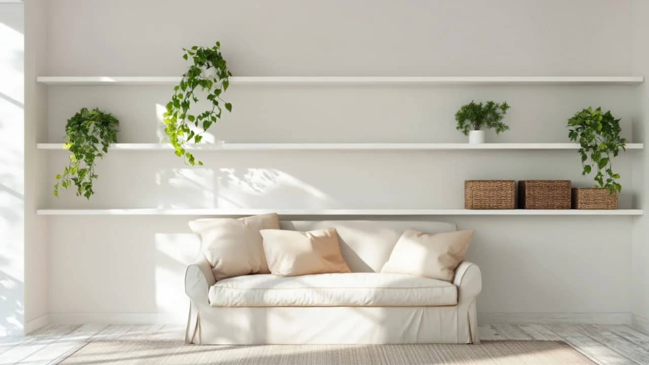 Hell und aufgeräumt: Ein perfekt organisiertes Wohnzimmer mit viel Tageslicht.