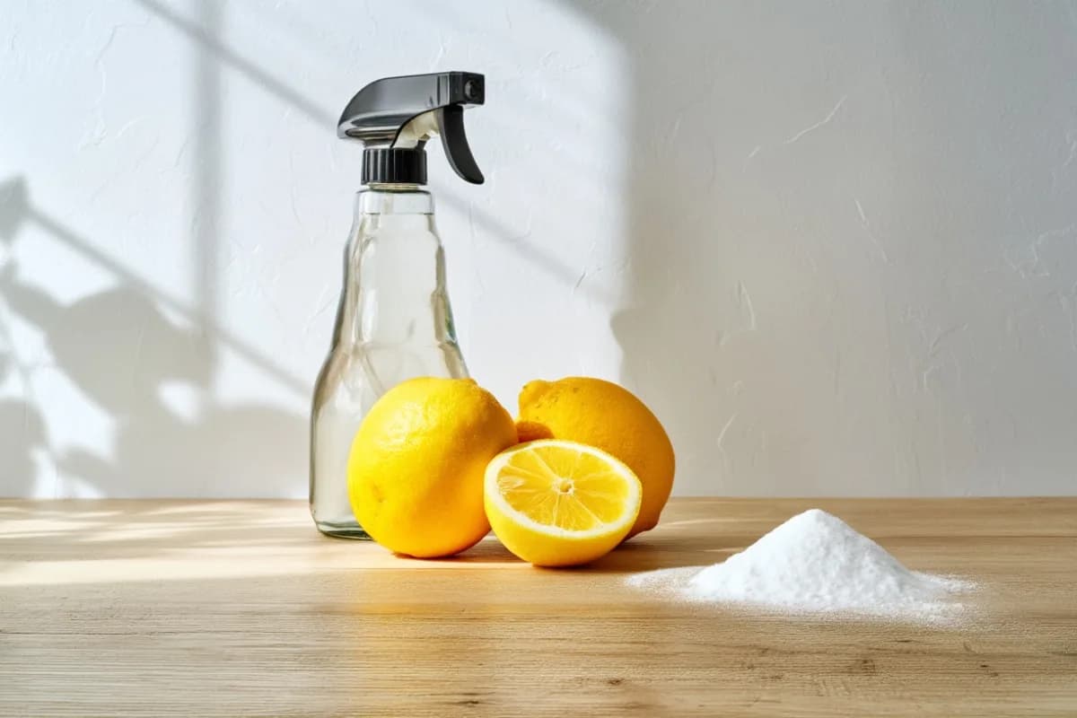Frische Zitronen, Natron und eine Glasflasche auf einer Arbeitsplatt um Kugelschreiber aus der Kleidung zu entfernen.