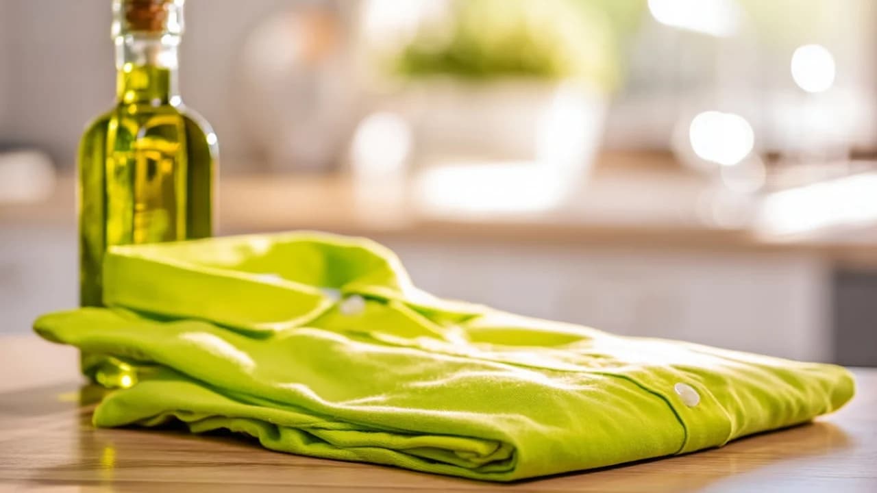 Sauberes Kleidungsstück liegt neben einer Flasche Olivenöl auf einem Tisch.
