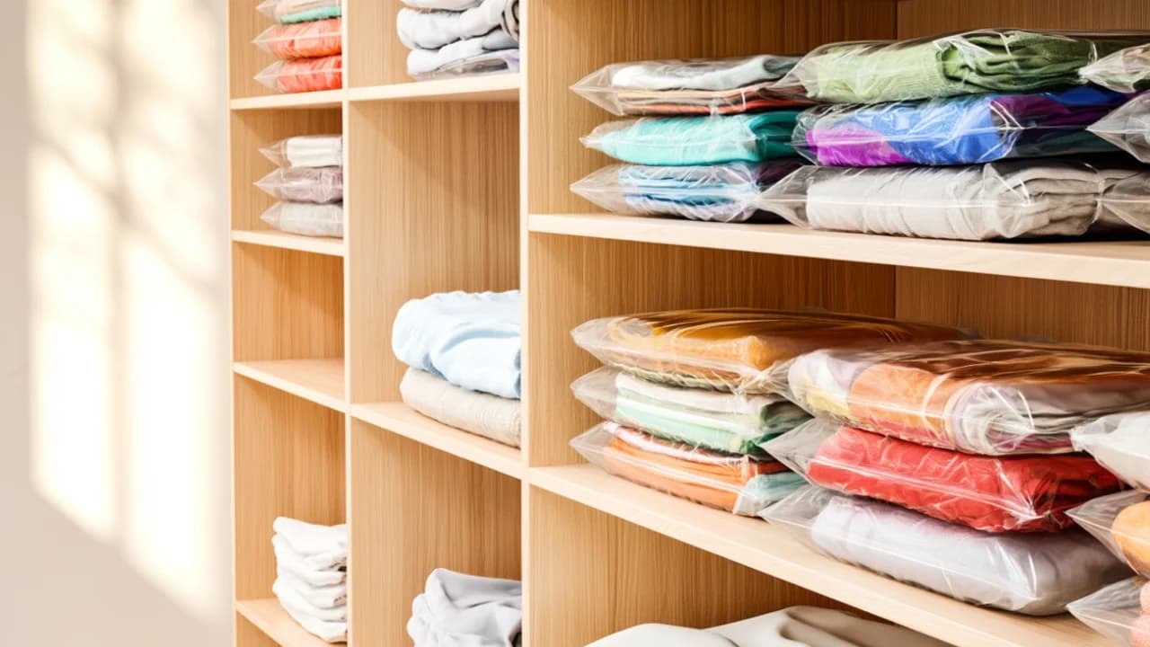 Ein ordentlich aufgeräumter Kleiderschrank mit gestapelten Vakuumbeuteln voller Kleidung.
