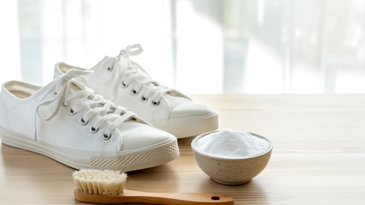 Strahlend weiße Stoffschuhe stehen neben einer Schale mit Backpulver auf einem Holztisch.