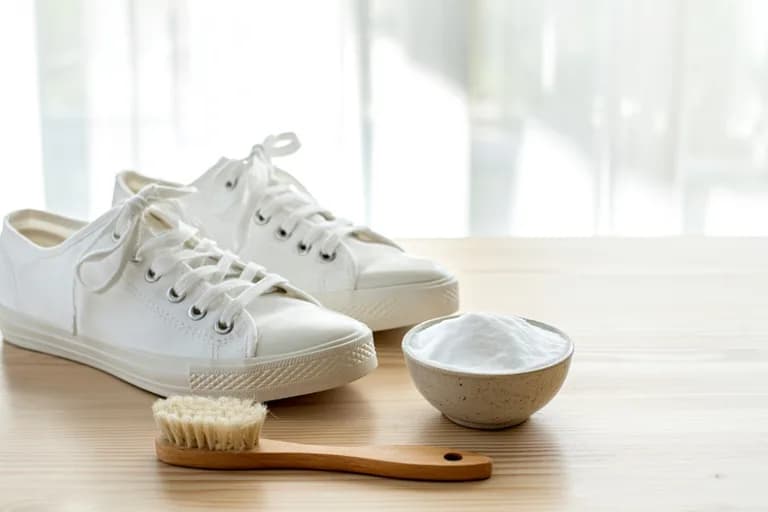 Strahlend weiße Stoffschuhe stehen neben einer Schale mit Backpulver auf einem Holztisch.